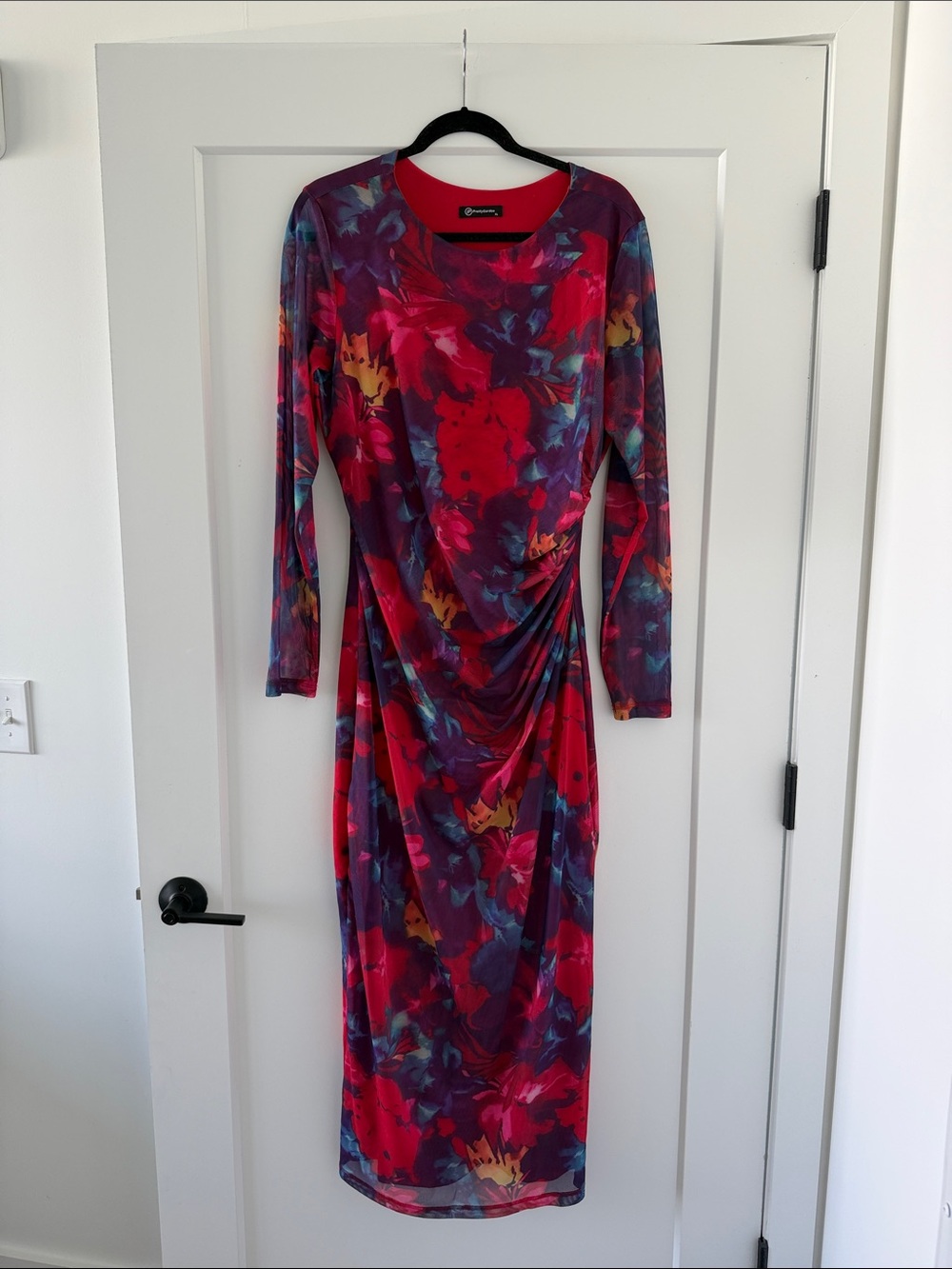 Bold Red Floral Ruched Long-Sleeve Dress